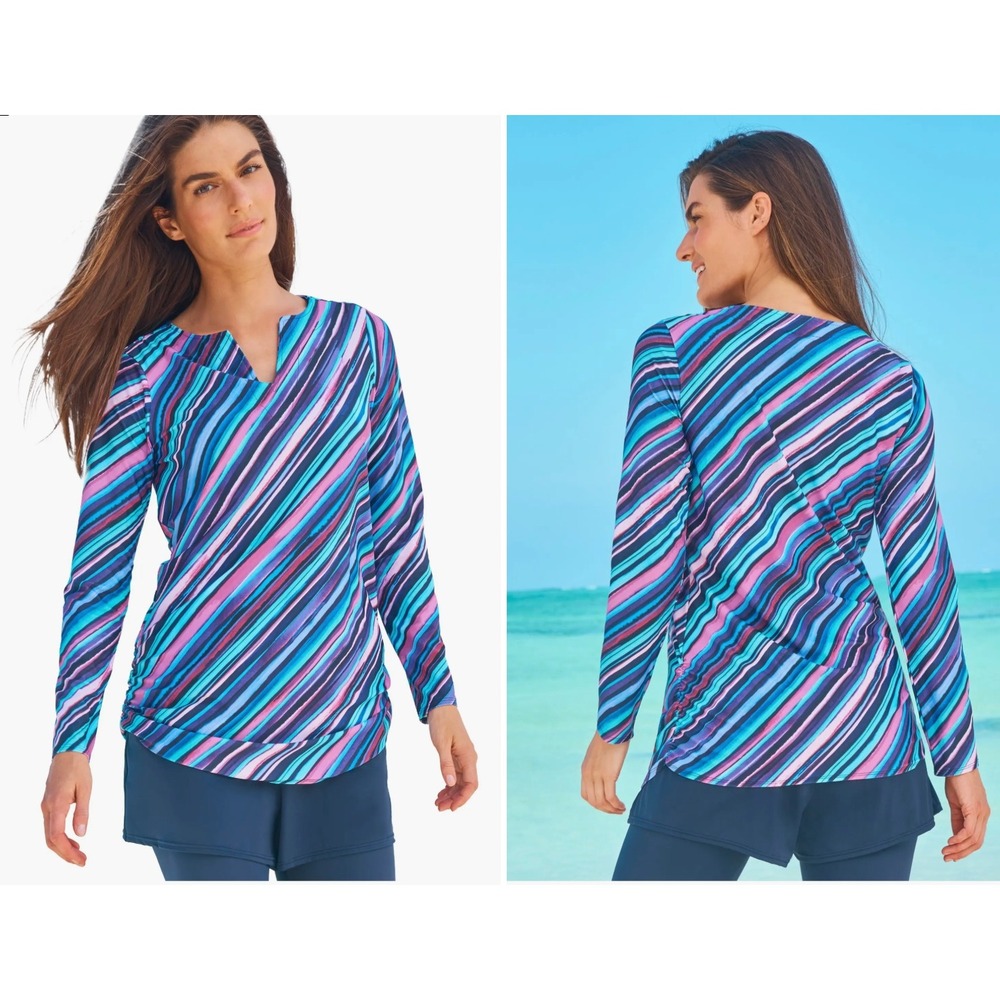 Swim365 Swimsuits For All‎ Striped Long Sleeve Swim Tunic Builtin Bra 18 UPF